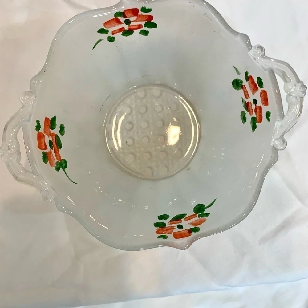 VINTAGE LANCASTER GLASS BOWL FROSTED SATIN PAINTED PINK FLOWERS